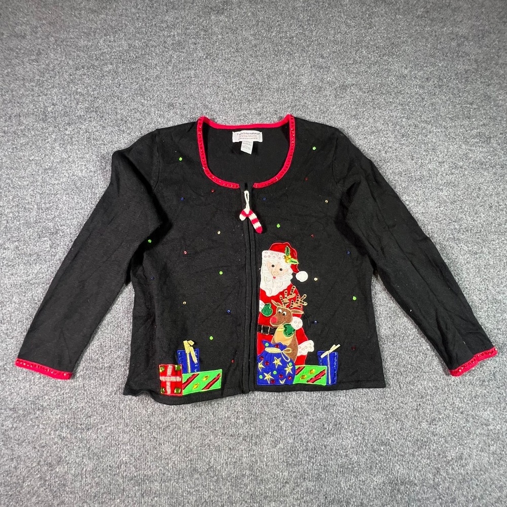 Tiara Cardigan Sweater Womens XL Black Ramie Sequin Santa Full Zip Christmas
